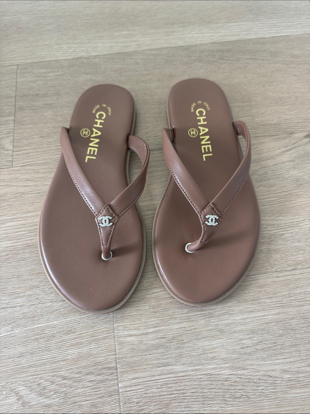 CHANEL Brown Leather Logo Thong Sandals
